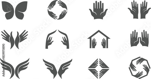 Collection of symbolic hand and wing icons representing care, protection, support, unity, freedom, charity, and community concepts in a clean monochrome vector style