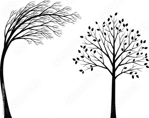 Silhouette illustration of two trees, one bending in strong wind and one standing still, symbolizing nature, seasons, resilience, weather, and environmental themes in vector style