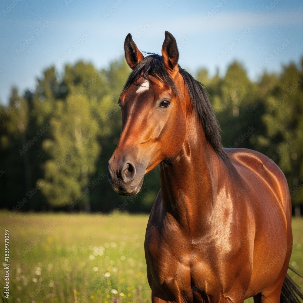 Obraz premium Majestic Brown Horse Standing in a Green Pasture 