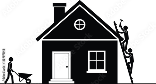 Silhouette illustration of workers repairing a house using ladders, tools, and a wheelbarrow, symbolizing home construction, renovation, maintenance, and building labor in vector style