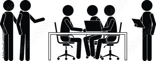 Silhouette illustration of people collaborating, discussing, and working at a table with laptops, symbolizing teamwork, office communication, business meetings, and group productivity