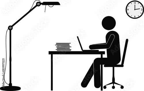 Silhouette illustration of a person working at a desk with a laptop, stack of papers, lamp, and wall clock, symbolizing office work, productivity, and deadlines