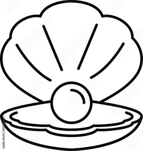 Outline drawing of an open oyster shell revealing a shiny pearl inside