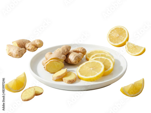 Fresh Ginger Root and Sliced Lemons on a White Plate Against Transparent Background Natural Ingredients