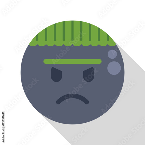 Round cartoon angry emoji face with a green hair and scowl on a white background