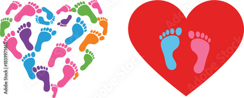 Cute heart designs featuring colorful baby footprints and paired infant foot symbols, perfect for newborn themes, baby shower decorations, parenting graphics, and adorable vector art