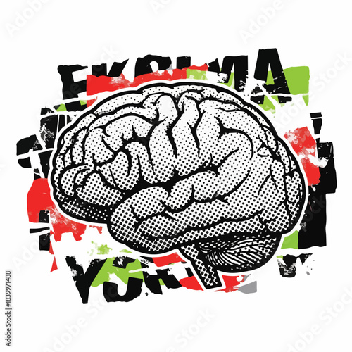 Illustration of a human brain with a black and white halftone effect surrounded by colorful abstract shapes and letters on a white background.