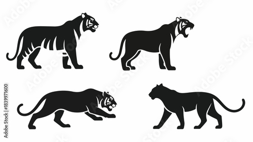 Four black tiger silhouettes in various poses on a white background with a minimalist graphic design.
