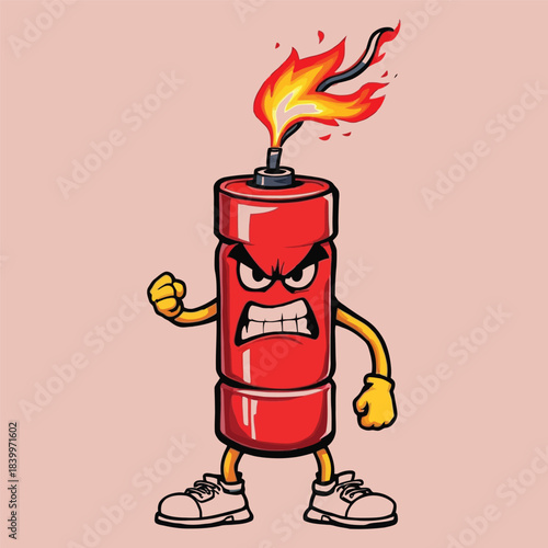 Cartoon vector of angry firecracker character with clenched fists, expressive face, sneakers, and flaming fuse