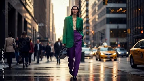 Elegant businesswoman confidently walks in New York City, a dynamic scene perfect for fashion, lifestyle, or business branding with a modern urban feel