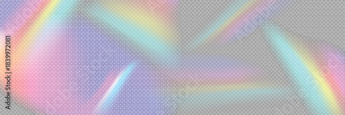 Blurred rainbow refraction overlay effect. Light lens prism effect on transparent background. Holographic reflection, crystal flare leak shadow overlay. 