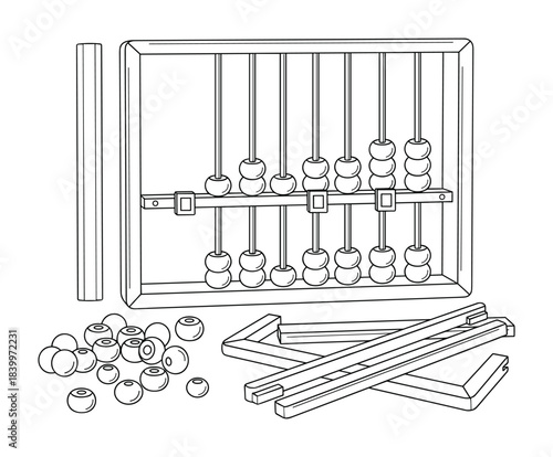 Educational counting frame parts. Abacus deconstruction. Wooden math tool. Learning aid disassembled components.