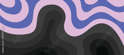 Abstract retro groovy pattern swirls aesthetic background vector design in lilac purple neon blue and dark black monochrome colors