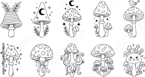 Whimsical magical mushroom illustrations with fantasy elements, cute characters, stars, plants, and nature-themed decorative vector designs
