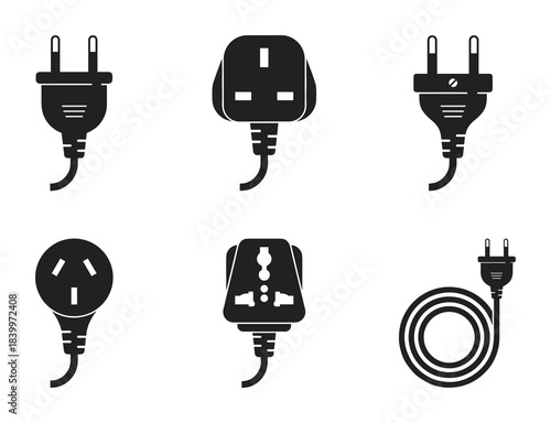 Electrical plug icons set. International power cord types and a coiled wire. Electrical outlet collection.