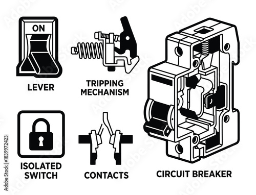 Electrical safety components, circuit breaker parts, industrial electric diagrams, isolated switch technology