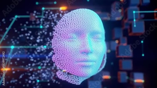 Wallpaper Mural The image depicts a human face constructed from numerous small, cube-like particles. The face is partially dissolving, with the particles scattering and fading away. Torontodigital.ca