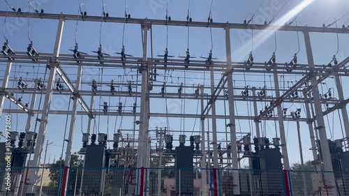 High Voltage Electrical Substation Grid Structure Under Clear Sky
