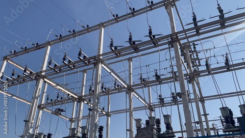 High Voltage Electrical Substation Grid Structure Under Clear Sky