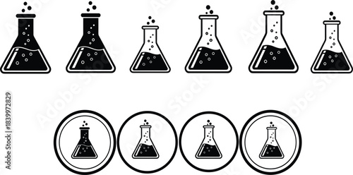 Black and white laboratory flask icons with bubbling liquid, science beaker symbols for chemistry and research illustration