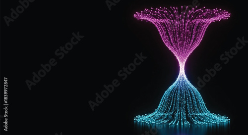 A abstract visualization of data flow or information processing shaped like an hourglass with glowing pink and blue particles on a black background