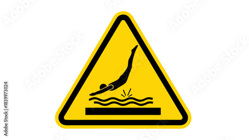 Yellow Triangle Warning Sign Illustrating A Silhouette Of A Diver Plunging Into Water With Splashes Against A Black Background