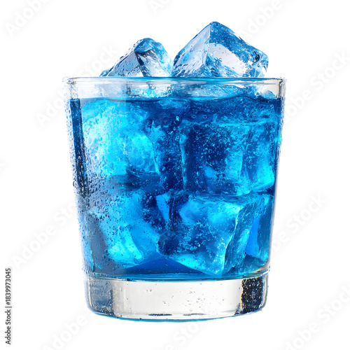 Refreshing Blue Drink with Ice Cubes on White Background for Beverage Ads and Menus