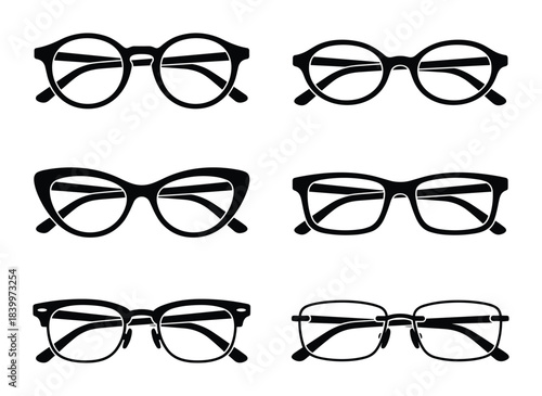 Eyeglasses set. Various black frame styles for optics and fashion accessories. Vision, eyewear, reading, spectacles.