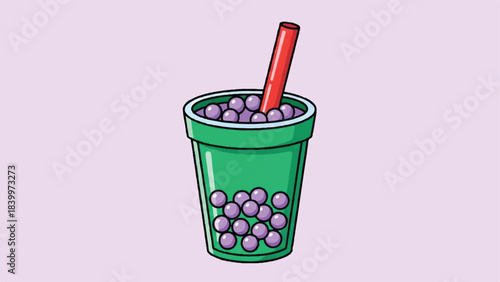 Illustration of a green bubble tea cup filled with purple tapioca pearls and a red straw on a light purple background.
