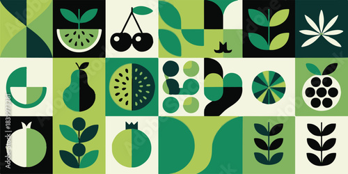 fruit pattern mosaic of stylized fruit and botanical tiles