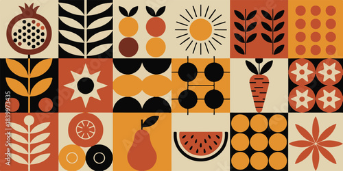 fruit grid vector icons retro fruit and vegetable panels