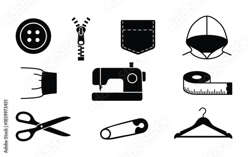 Fashion and sewing accessories silhouette icon set. Tailoring equipment vector illustration. Apparel elements.