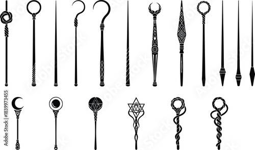Collection of mystical magic wands and enchanted staffs with ornate fantasy designs, occult symbols, wizard tools, and decorative elements
