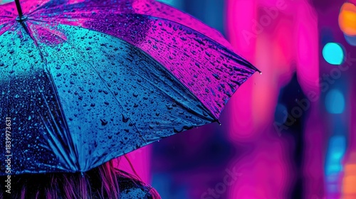Rainy night action umbrella in vibrant neon cityscape urban setting close-up captivating mood