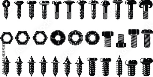 Black and white screw bolt nut washer vector set, mechanical fasteners, hardware icons, construction tools, technical drawing, engineering parts