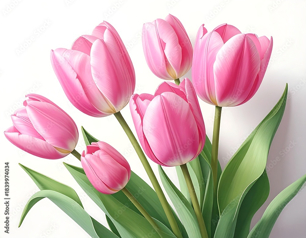 Fototapeta premium Close-up of six vibrant pink tulip blossoms against a white backdrop