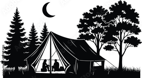 Camping night scene silhouette vector, forest tent, pine trees, crescent moon, outdoor adventure, peaceful nature, black and white sketch