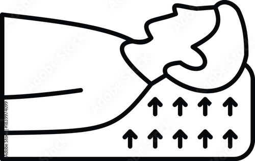 Person's head and neck on a contour ergonomic pillow providing support with arrows indicating uplift