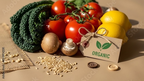 Fresh organic vegetables and fruits with tag and grains kale tomatoes