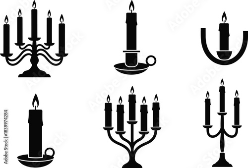 Candle and candelabra silhouette vector set, vintage holders, lit flames, ornate design, black illustration, interior decor, historical lighting