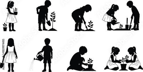 Children gardening silhouette vector set, kids planting, watering plants, teamwork, nature activity, black illustration, outdoor education, garden tools, growth