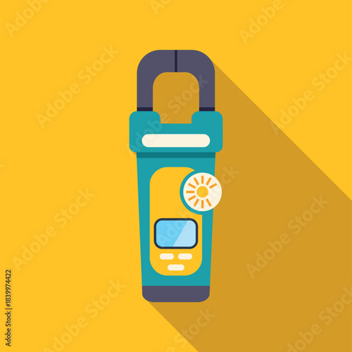 Clamp meter showing sunlight measuring alternative energy on a yellow background