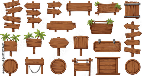Cartoon wooden signboard vector set, rustic arrow signs, blank wood boards, game UI elements, outdoor signage, directional icons, palm leaves