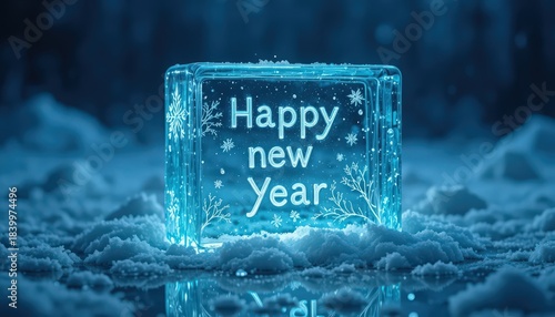 Illuminated festive glass ice block with Happy New Year greeting in glowing blue light on frosty snow background with copy space