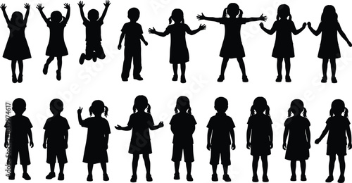Children silhouette vector set, kids jumping, raising hands, holding hands, playful poses, black illustration, movement study, educational design