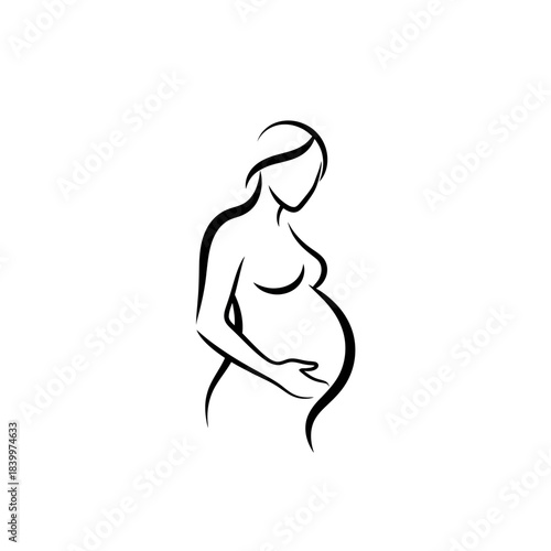 A minimalist line art drawing of a pregnant woman gently holding her baby bump, symbolizing motherhood and new life.