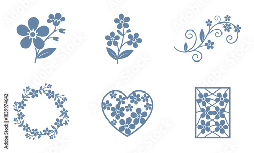 Forget me not flowers. Botanical illustration. Decorative design element. Flower silhouette. Floral wreath.