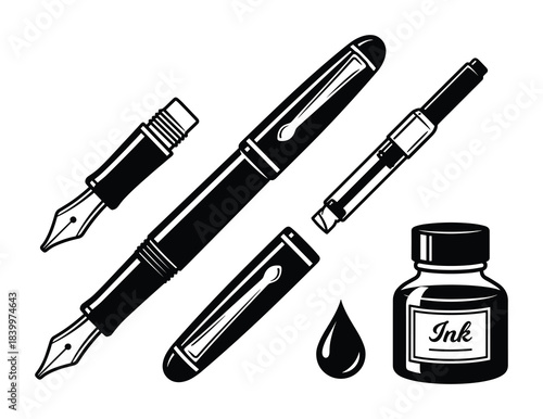 Fountain pen set, disassembled pen, ink bottle, ink drop, elegant writing tools, stationery items