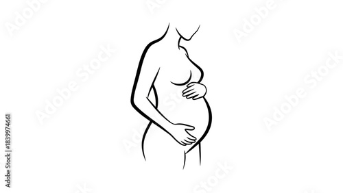A minimalist line drawing of a pregnant woman holding her belly with both hands, showcasing her expectant state.