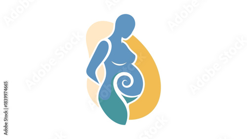 Stylized illustration of a pregnant woman with a spiral design on her belly, symbolizing growth and life.